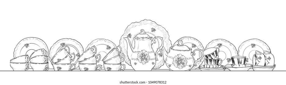 
Vector sketch with beautiful dishes on a shelf. Hand drawn kettle, coffee pot, plates and cups.   Vintage service with roses.    