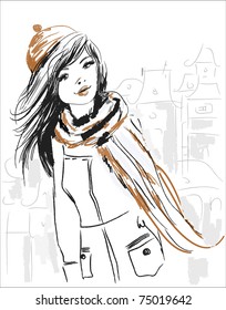 Vector sketch of beautiful girl