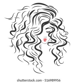 Vector sketch of a beautiful girl with long curly hair. Fashion illustration. Woman's Hair Style 