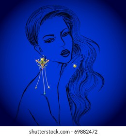 Vector sketch of beautiful women with diamond earring and ring, like hand drawn by coal (see jpg version in my portfolio)