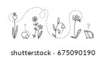 Vector sketch bee flying between flowers and mushroom. Hedgehog asking: where is the bee? Hand drawn graphic.