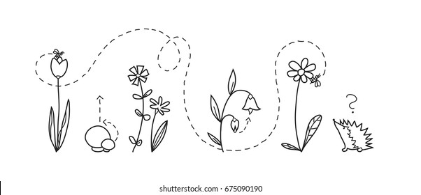 Vector sketch bee flying between flowers and mushroom. Hedgehog asking: where is the bee? Hand drawn graphic.
