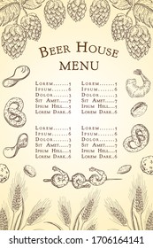 vector sketch beer bar or pub menu template. Vintage engraved beer house background. beer label with beer snacks, wheat or barley ears and hops illustration. Alcoholic beverages restaurant menu poster