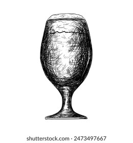 Vector sketch, beer glass on high stem, illustration for design and decor, vintage, menu, alcohol, retro image, black and white illustration isolated on white background