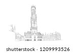 Vector sketch of Belfort van Brugge -  famouse 12th-century belfry Belfort of Bruges and Grote Markt square, Belgium.