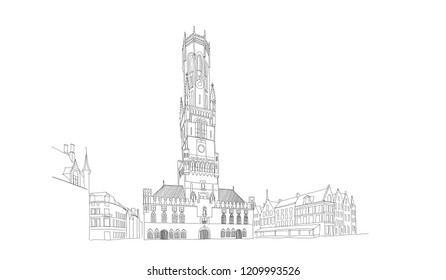 Vector sketch of Belfort van Brugge -  famouse 12th-century belfry Belfort of Bruges and Grote Markt square, Belgium.