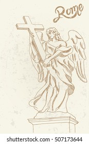 vector sketch of Bernini's marble statue of angel from the Sant'Angelo Bridge in Rome, Italy. Picture in artistic retro style.