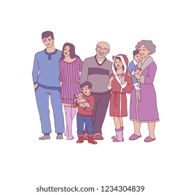 Vector sketch big family hugging at home cozy cloth standing together. Adult couple, senior parents, grandmother and grandfather, boy with puppy and girl teen kids, small baby happy characters