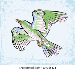 Vector sketch of big flying bird on color background.
