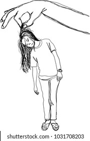 
Vector sketch of big hand holding small sorrowful. isolated on white background. big hand to pull the hair sad young woman. In order to Control or hurt.