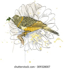 Vector sketch of a bird with flower. Hand drawn illustration