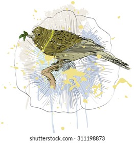 Vector sketch of a bird with flower. Hand drawn illustration