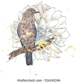 Vector sketch of a bird with flower. Hand drawn illustration