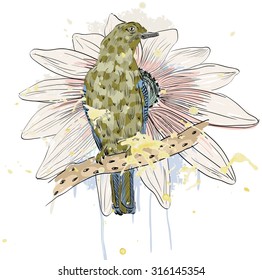 Vector sketch of a bird with flower. Hand drawn illustration