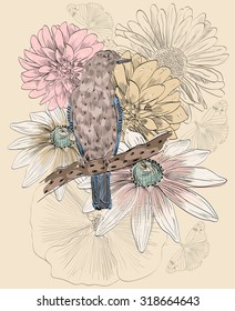 Esboço vetorial de um pássaro com flor. Ilustração desenhada à mão