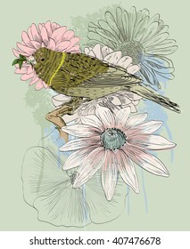 Vector sketch of a bird with flower. Hand drawn illustration