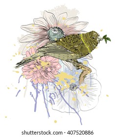 Vector sketch of a bird with flower. Hand drawn illustration