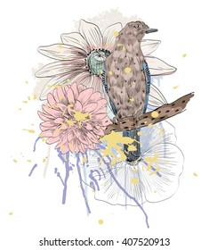 Vector sketch of a bird with flower. Hand drawn illustration