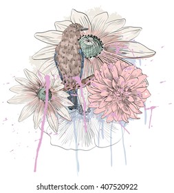 Vector sketch of a bird with flower. Hand drawn illustration
