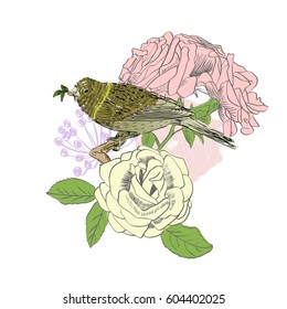 Vector sketch of a bird with flower. Hand drawn illustration