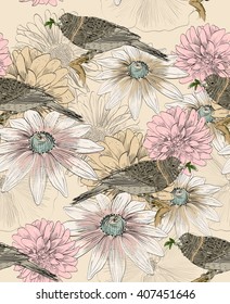 Vector sketch of a bird with flower. Seamless pattern