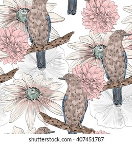 Vector sketch of a bird with flower. Seamless pattern