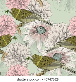 Vector sketch of a bird with flower. Seamless pattern