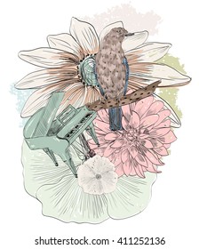Vector sketch of a bird with flowers. Hand drawn illustration