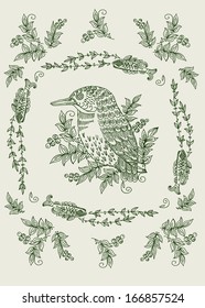 Vector sketch of bird in the frame of flowers, branches, leaves