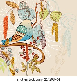 Vector sketch of a bird with plants. Hand drawn illustration