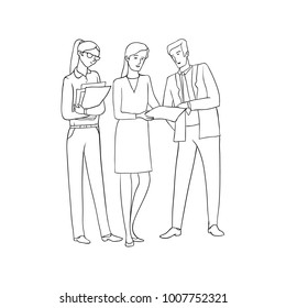 Vector sketch black contour isolated illustration of business people. Women and men at meeting and negotiations. Discussion of business documents, workflow in the office.