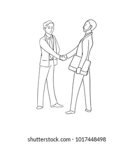 Vector sketch black contour isolated illustration of business people. Businessmen shaking hand. Handshake on successful transaction. The conclusion of profitable contracts.
