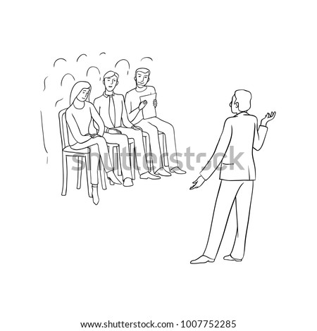 Vector sketch black contour isolated illustration of business people. Women and men at conference, meeting and negotiations. A speaker at lecture or session. The audience listens to a presentation.