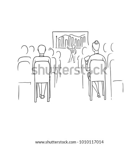 Vector sketch black contour isolated illustration of business people. Women and men at conference, meeting and negotiations. A speaker at lecture or session. The audience listens to a presentation.