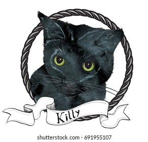 Vector sketch. Black cute cat on a white background.