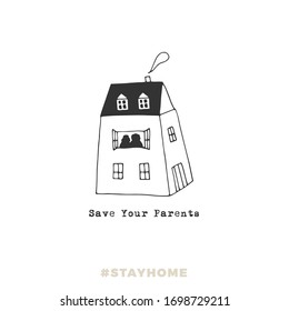 Vector sketch black and white illustration. A house with silhouettes of elderly people in the window. Stay home on quarantine during the coronavirus pandemic. Covid-19.