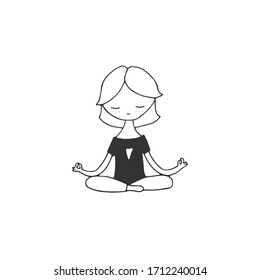 Vector sketch black and white illustration. Isolated object. A girl doing yoga at home. A positive way of living.