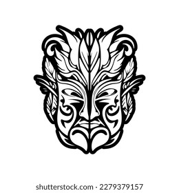 Vector sketch of black and white Polynesian god mask tattoo.