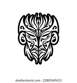 Vector sketch of black and white Polynesian god mask tattoo.