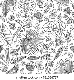 Vector sketch black and white set seamless pattern. The leaves of tropical plants and exotic flowers buds. Graphic outline drawing collection herb and vegetation monsoon rainforest.