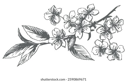Vector sketch of a blossoming sakura branch. Illustration of spring cherry blossoms in an old engraving technique. Black ink drawing for cosmetics, food packaging, wedding decorations.
