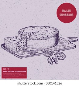 Vector sketch of blue cheese, walnuts and rosemary on wooden platter. Blue molds on cheese. Blue soft cheese with a rind and blue mold. Hand drawn illustration dot art style