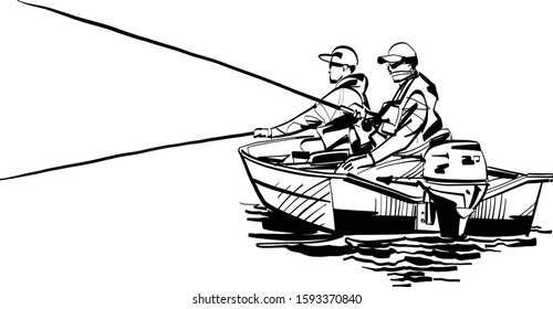 the vector sketch of the boat fishing on the sea