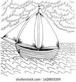 A vector sketch of a boat with sails swinging on the waves.