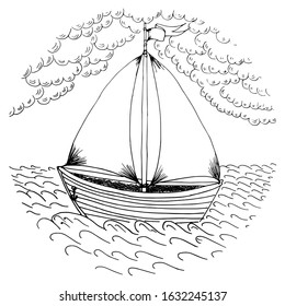 A vector sketch of a boat with sails swinging on the waves.