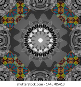 Vector sketch for boho, authentic design. Seamless pattern template with ethnic ornate and abstract mandala in blue, brown and gray colors. Lace pattern with tribal geometric pattern cards.
