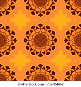 Vector sketch for boho, authentic design. Seamless pattern template with ethnic ornate and abstract mandala in yellow, brown and orange colors. Lace pattern with tribal geometric pattern cards.