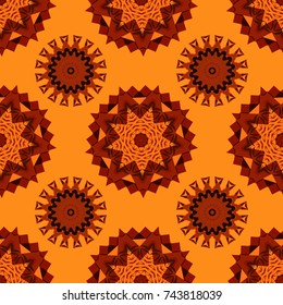 Vector sketch for boho, authentic design. Seamless pattern template with ethnic ornate and abstract mandala in brown, orange and red colors. Lace pattern with tribal geometric pattern cards.