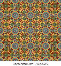 Vector sketch for boho, authentic design. Seamless pattern template with ethnic ornate and abstract mandala in yellow, brown and blue colors. Lace pattern with tribal geometric pattern cards.