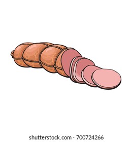 vector sketch boiled sausage with slices. Cartoon isolated illustration on a white background. Sausage and meat types concept